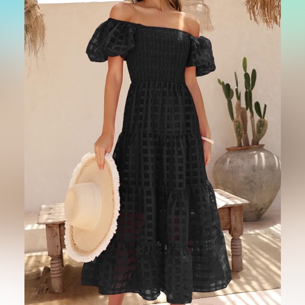 Black Sheer Plaid Midi Puffy Sleeve Smocked Tiered Dress
